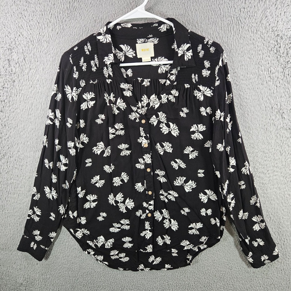 Maeve Anthropologie Black White‎ Bow Print Button Down Blouse Rayon Sz 8 Smocked